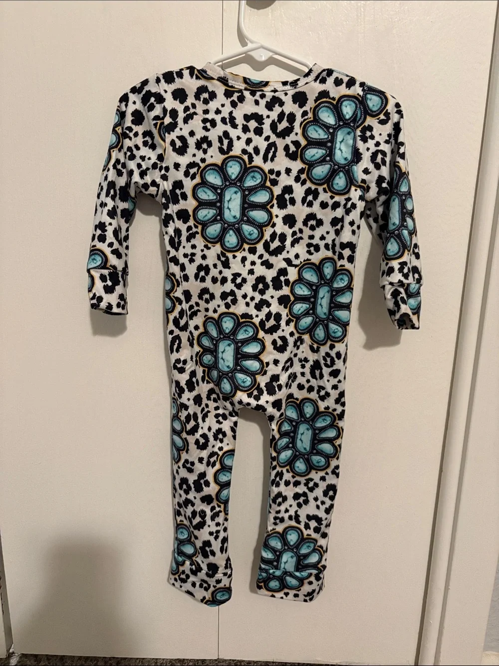 Kids One-Piece Zip Romper - Aqua Floral on Black & White